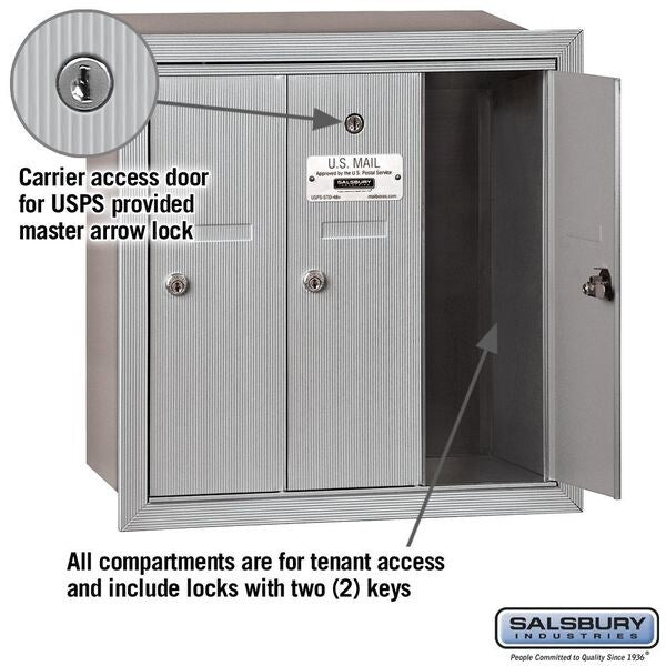 Vertical Mailbox, Aluminum, Powder Coated, 3 Doors, Recessed, -