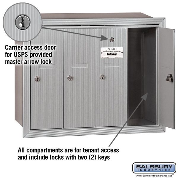 Vertical Mailbox, Aluminum, Powder Coated, 4 Doors, Recessed, -