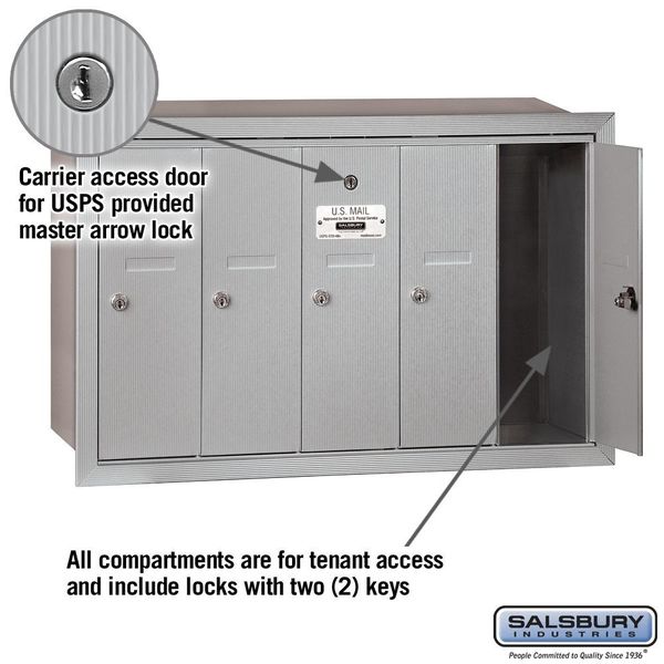 Vertical Mailbox, Aluminum, Powder Coated, 5 Doors, Recessed, -