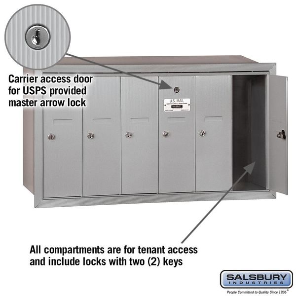 Vertical Mailbox, Aluminum, Powder Coated, 6 Doors, Recessed, -