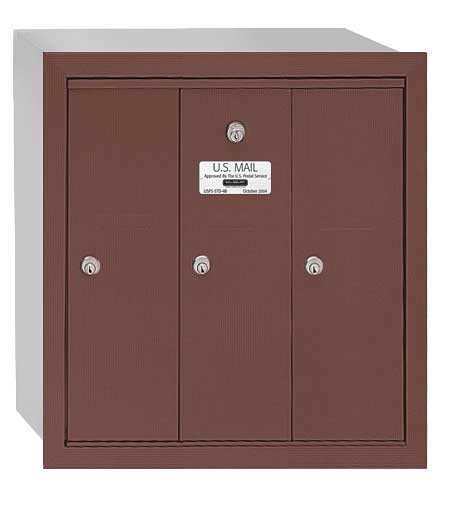 Vertical Mailbox, Bronze, Powder Coated, 3 Doors, Recessed, -