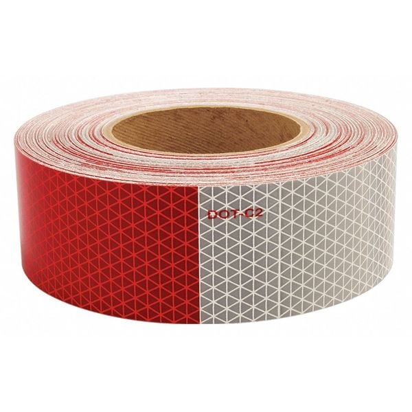 Reflective Tape, 2 in W x 30 ft L, 8 mil Thick, Red/White
