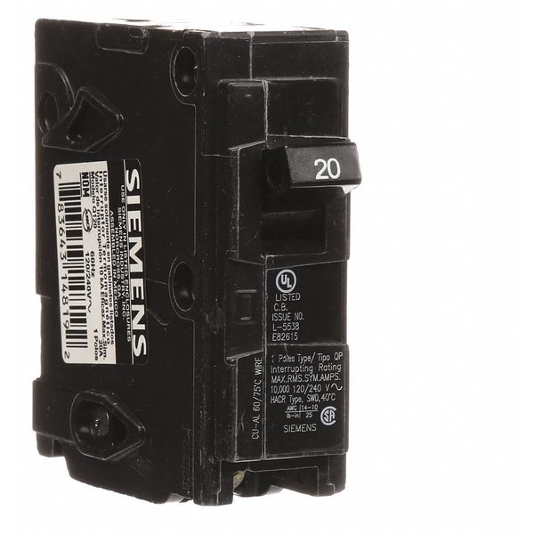 Miniature Circuit Breaker, 20 A, 120V AC, 1 Pole, Plug In Mounting Style, Q Series