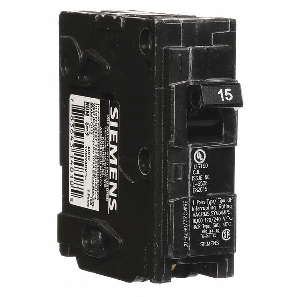 Miniature Circuit Breaker, 15 A, 120V AC, 1 Pole, Plug In Mounting Style, Q Series