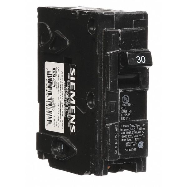 Miniature Circuit Breaker, 30 A, 120V AC, 1 Pole, Plug In Mounting Style, Q Series