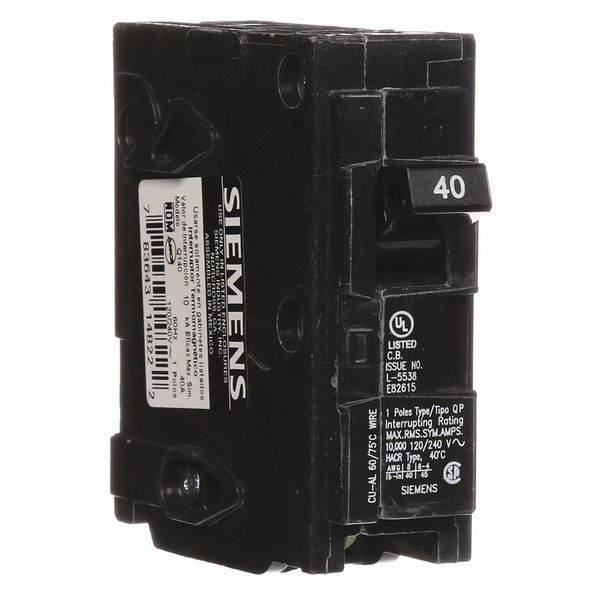 Miniature Circuit Breaker, 40 A, 120V AC, 1 Pole, Plug In Mounting Style, Q Series