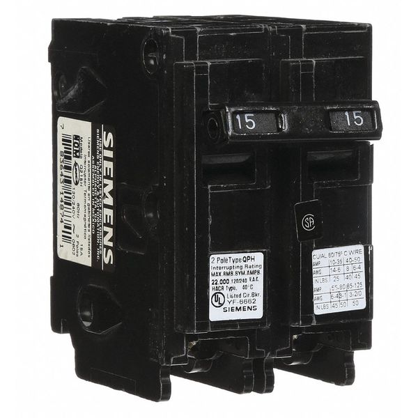 Miniature Circuit Breaker, 15 A, 120/240V AC, 2 Pole, Plug In Mounting Style, Q Series
