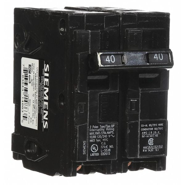 Miniature Circuit Breaker, 40 A, 120/240V AC, 2 Pole, Plug In Mounting Style, Q Series