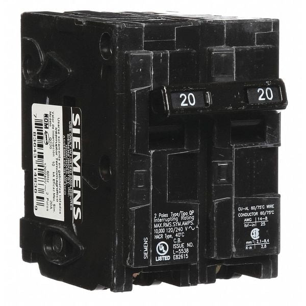 Miniature Circuit Breaker, 20 A, 120/240V AC, 2 Pole, Plug In Mounting Style, Q Series