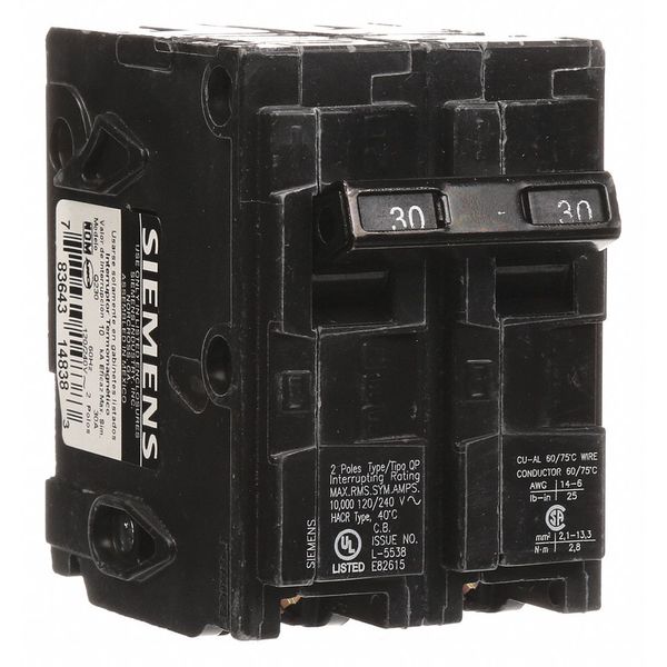 Miniature Circuit Breaker, 30 A, 120/240V AC, 2 Pole, Plug In Mounting Style, Q Series