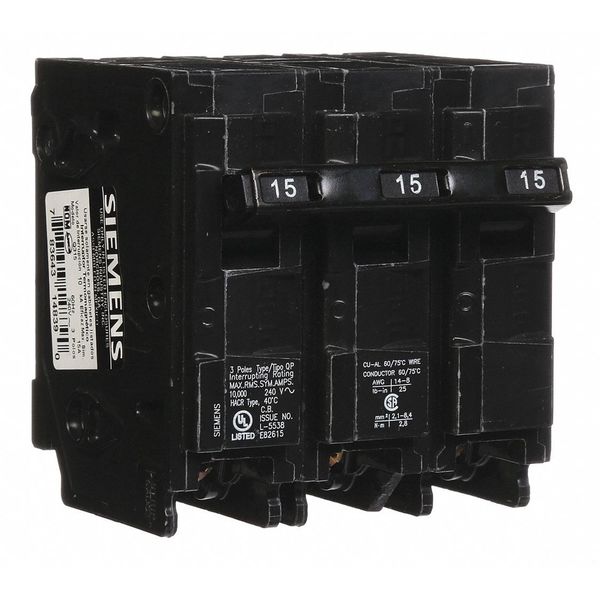 Miniature Circuit Breaker, 15 A, 240V AC, 3 Pole, Plug In Mounting Style, QP Series