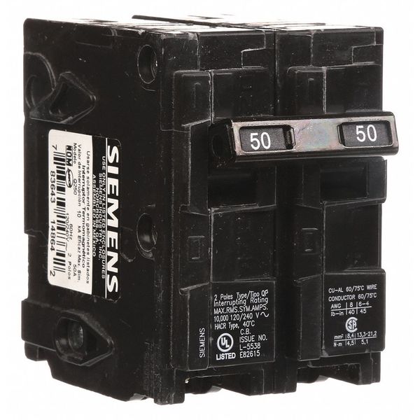 Miniature Circuit Breaker, 50 A, 120/240V AC, 2 Pole, Plug In Mounting Style, Q Series