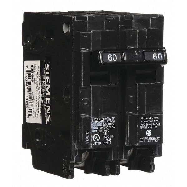 Miniature Circuit Breaker, 60 A, 120/240V AC, 2 Pole, Plug In Mounting Style, Q Series
