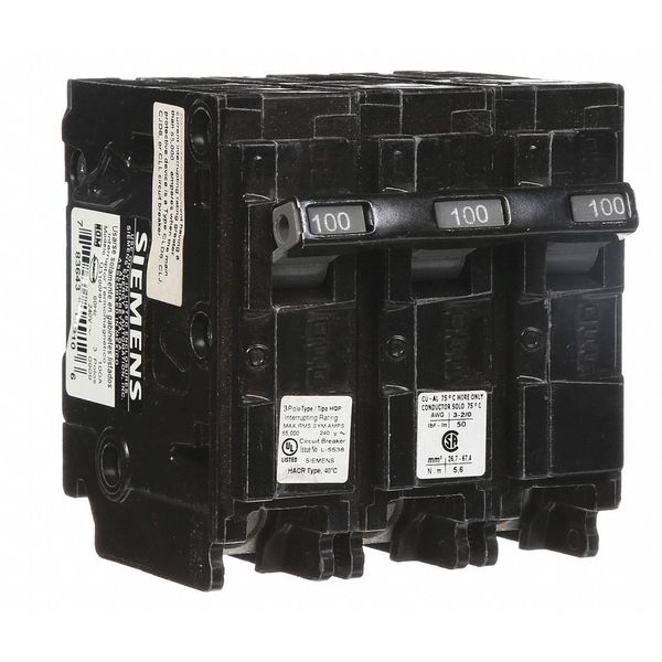 Miniature Circuit Breaker, 100 A, 240V AC, 3 Pole, Plug In Mounting Style, QP Series