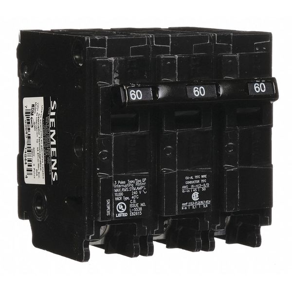 Miniature Circuit Breaker, 60 A, 240V AC, 3 Pole, Plug In Mounting Style, QP Series