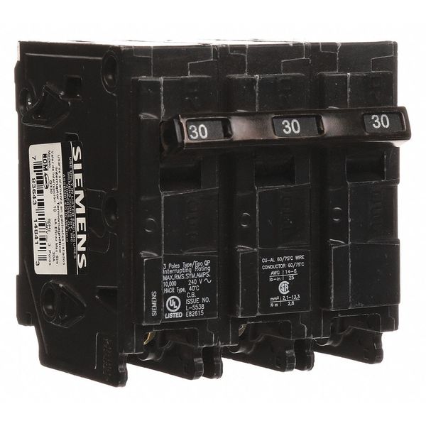 Miniature Circuit Breaker, 30 A, 240V AC, 3 Pole, Plug In Mounting Style, Q Series