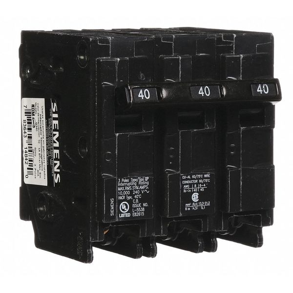 Miniature Circuit Breaker, 40 A, 240V AC, 3 Pole, Plug In Mounting Style, Q Series