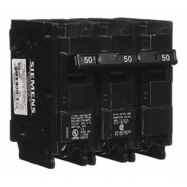 Miniature Circuit Breaker, 50 A, 240V AC, 3 Pole, Plug In Mounting Style, Q Series