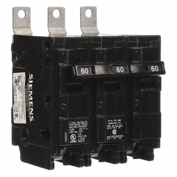Miniature Circuit Breaker, 60 A, 240V AC, 3 Pole, Bolt On Mounting Style, BL Series