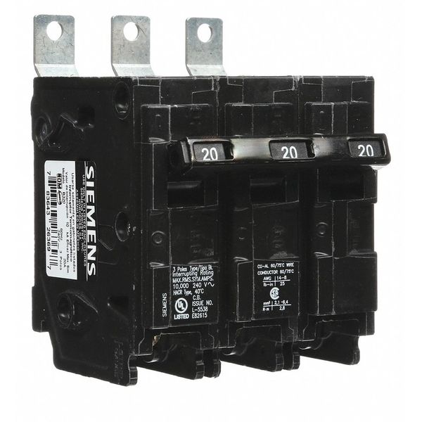 Miniature Circuit Breaker, 20 A, 240V AC, 3 Pole, Bolt On Mounting Style, BL Series