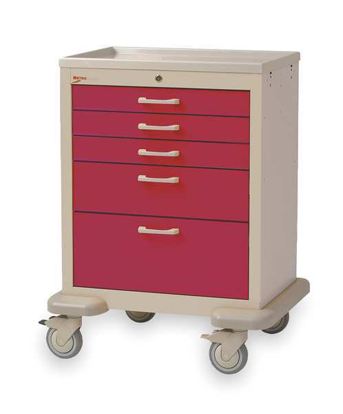 Medical Cart, Steel/Polymer, Red/Lt.Taupe