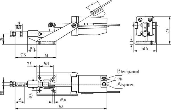 Pneumatic Straight Line Clamp, 600 Lb