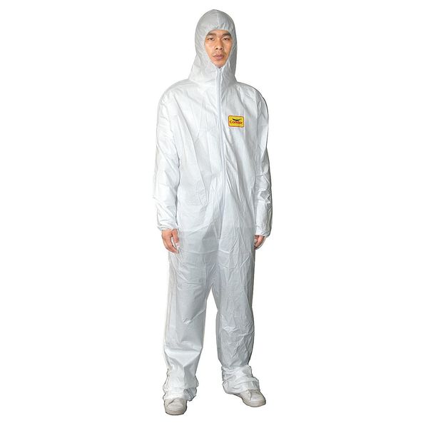 Hooded Disposable Coveralls, 25 PK, White, Microporous Film Laminate, Zipper