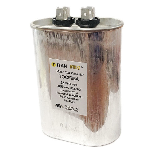 Motor Run Capacitor, 25 MFD, Oval, 4 In. H