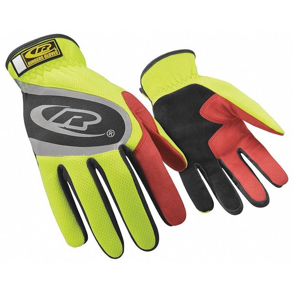 Mechanics Gloves, S, High-Visibility Yellow, Reinforced Split Palm, Mesh Spandex