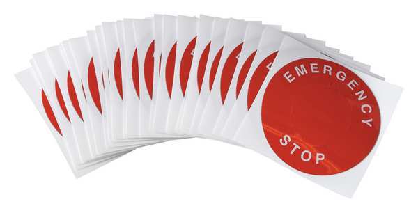 Emergency Stop Legend Plate Label, 30mm, White on Red, THTEP-196-593RD