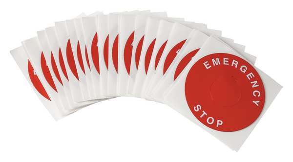 Emergency Stop Legend Plate Label, 22mm, White on Red, THTEP-247-593RD