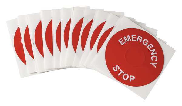 Emergency Stop Legend Plate Label, 30mm, White on Red, THTEP-197-593RD