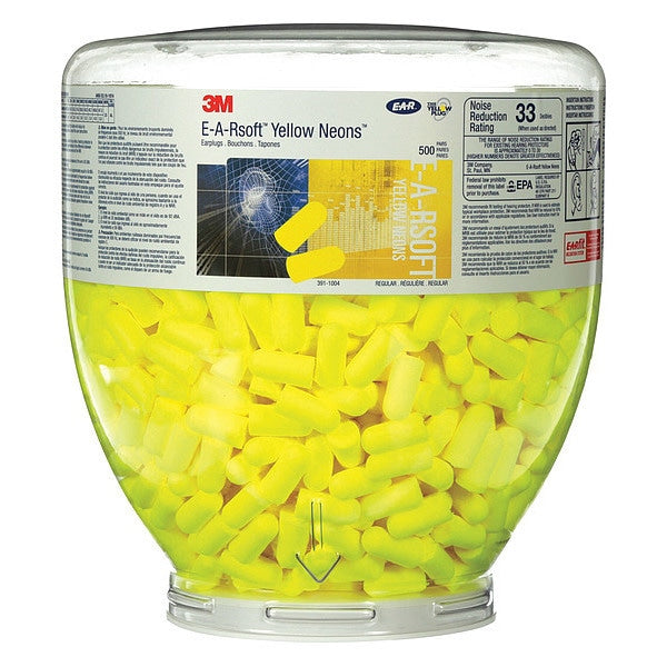 Disposable Uncorded Ear Plugs with Dispenser, Bullet Shape, 33 dB, 500 Pairs, Yellow