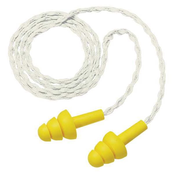 Reusable Corded Ear Plugs, Flanged Shape, 25 dB, 100 Pairs, Yellow