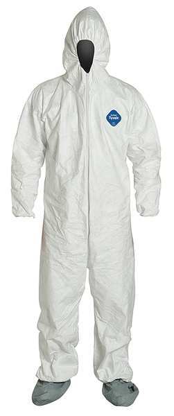 Tyvek 400 Hooded Disposable Coverall, Attached Skid-Resistant Boots, Elastic Wrist, 4XL, White
