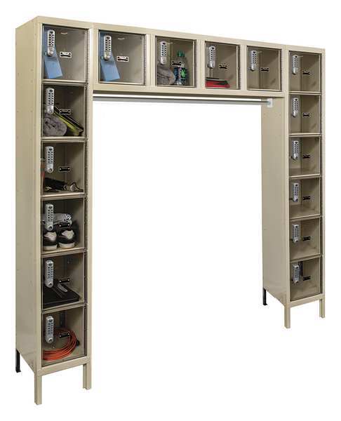 Box Locker Unit with Coat Rod, 72 in W, 18 in D, 78 in H, (6) Tier, (6) Wide, Tan