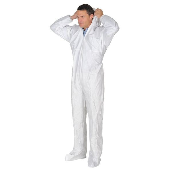 Hooded Disposable Coveralls, 25 PK, White, Microporous Fabric, Zipper