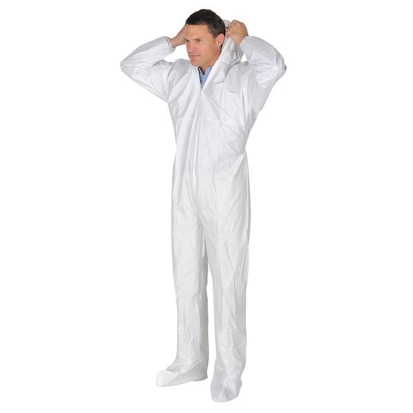 Hooded Disposable Coveralls, 25 PK, White, Microporous Fabric, Zipper