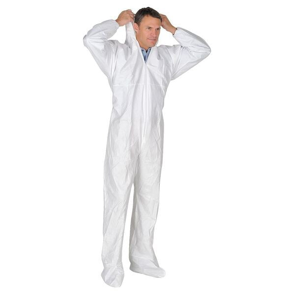 Hooded Disposable Coveralls, 25 PK, White, Microporous Fabric, Zipper