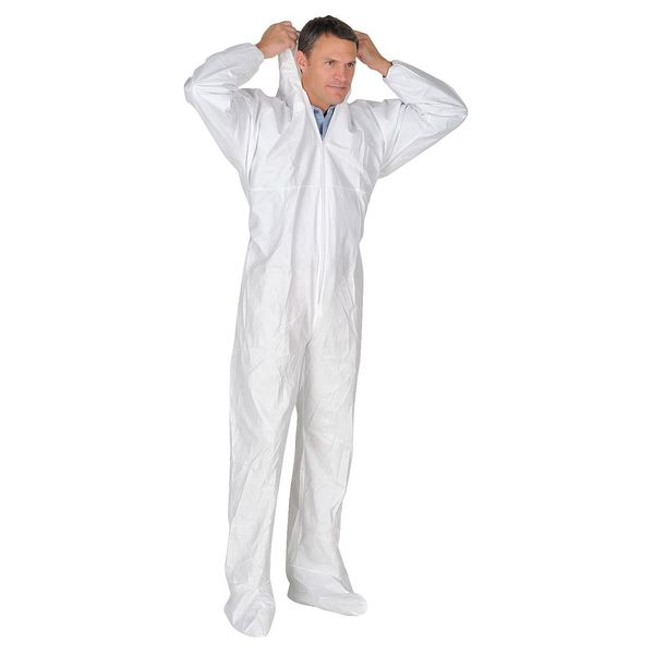 Hooded Disposable Coveralls, 25 PK, White, Microporous Fabric, Zipper
