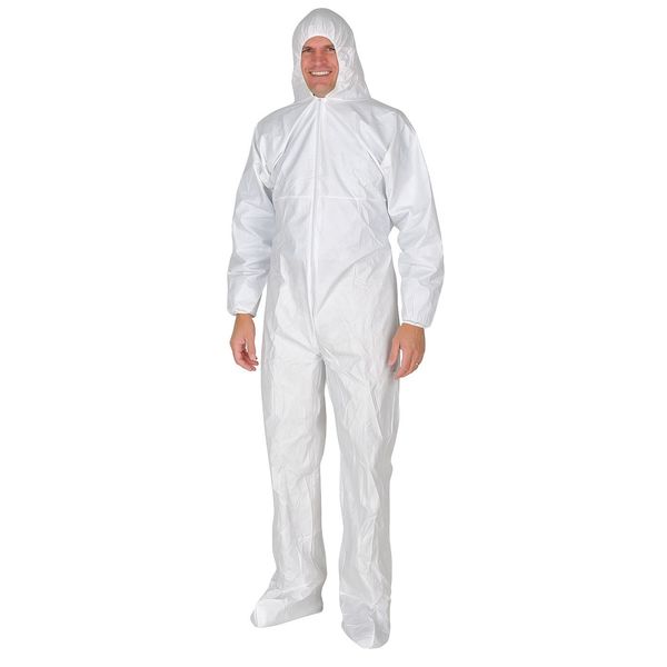 Hooded Disposable Coveralls, 25 PK, White, Microporous Fabric, Zipper