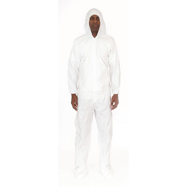 Hooded Disposable Coveralls, 25 PK, White, Microporous Fabric, Zipper