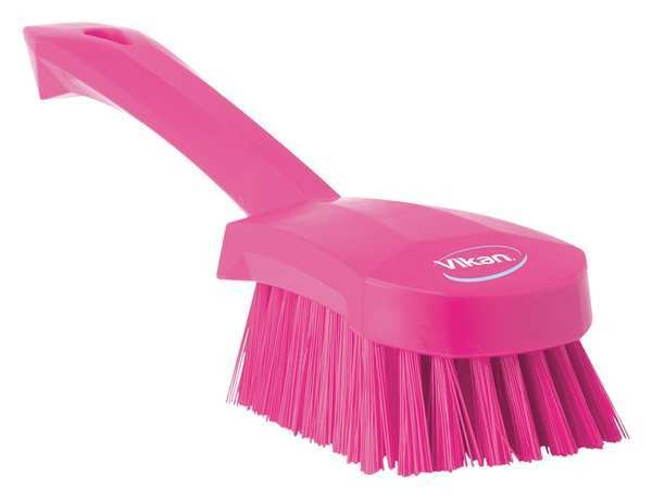 3 in W Scrub Brush, Stiff, 5 57/64 in L Handle, 4 1/2 in L Brush, Pink, Plastic, 10 in L Overall
