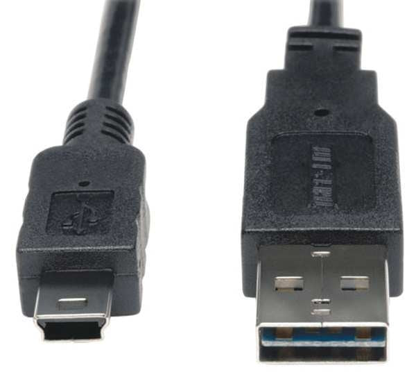 Reversible USB Cable, Black, 3 ft., Connector Type: A Male to 5 Pin B Mini Male
