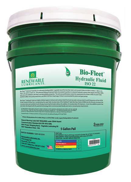 5 gal Bio-Fleet Hydraulic Fluid Pail 22 ISO Viscosity