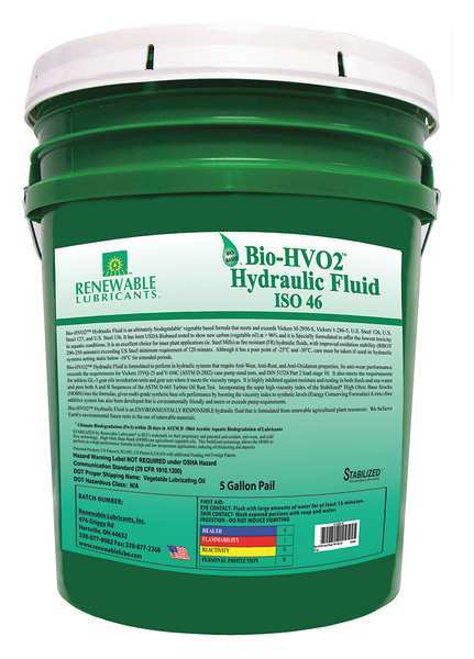 5 gal Bio-HVO2 Hydraulic Fluids Pail 46 ISO Viscosity