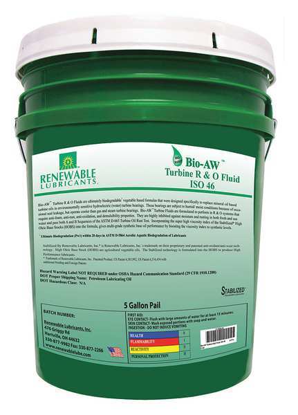 5 gal Bio-AW Turbine R and O Fluids Pail 46 ISO Viscosity