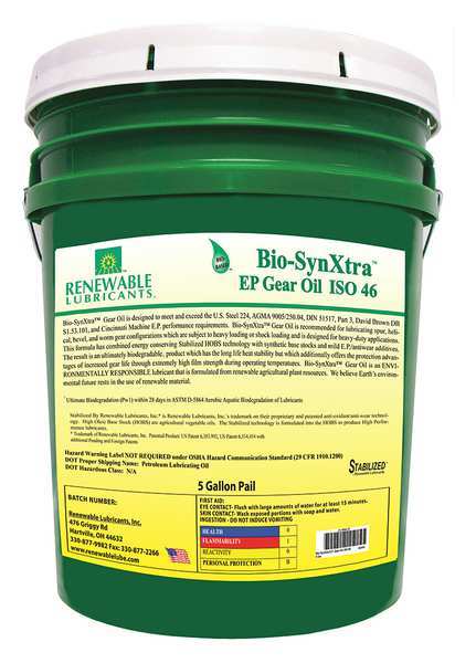 5 gal Bio-SynXtra Gear Oil Pail 46 ISO Viscosity, 75W80 SAE, Yellow