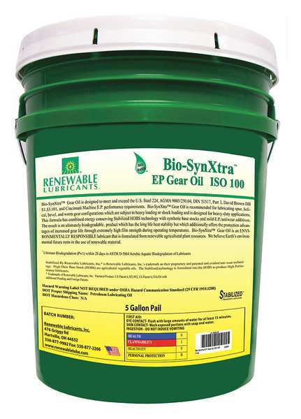 5 gal Bio-SynXtra Gear Oil Pail 100 ISO Viscosity, 80W90 SAE, Yellow
