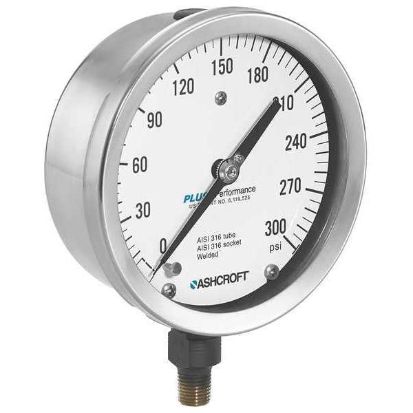Pressure Gauge, 0 to 400 psi, 1/4 in MNPT, Stainless Steel, Silver
